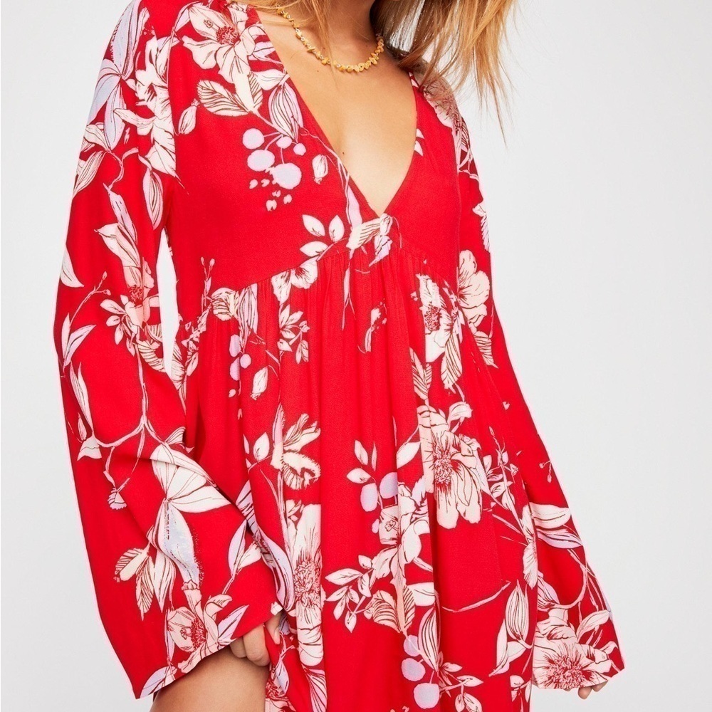 Free People Bella Floral Print V-Neck Tunic Dress Red Boho Size XS - Picture 2 of 13